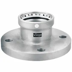 Press-fit pipe flange for stainless steel press pipe systems. Features FKM sealing and a maximum operating pressure of 200 psi. Suitable for commercial and industrial plumbing, HVAC, and fire protection applications.