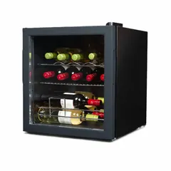 Beverage cooler with glass door and manual defrost. Features three adjustable shelves and a total capacity of 1.5 cu ft (up to 8.9 cu ft). Suitable for storing drinks in break rooms, home bars, or retail displays.