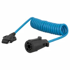 This adapter connects a vehicle's 7-way blade trailer connector to a 4-way flat plug, enabling towing of trailers with different wiring systems. It features a plastic housing and a 5 ft overall length for flexible routing. Suitable for trucks, RVs, and utility trailers requiring a reliable electrical link.