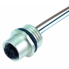 M12 female front mounting receptacle with A-coding and 12 pins, designed for signal and low-power connections in industrial automation, sensor/actuator networks, and control systems. Features a 1 m wire lead with 0.14 sq mm wire size. Rated IP67 and NEMA 3 for dust-tight and water-resistant protection in harsh environments.