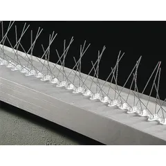 These bird spikes feature a plastic base with stainless steel spikes, designed to deter pigeons from landing on ledges, roofs, and other flat surfaces. The wide ledge width provides coverage for larger areas. Each pack contains 50 ft of spikes with an overall width of 8 in.