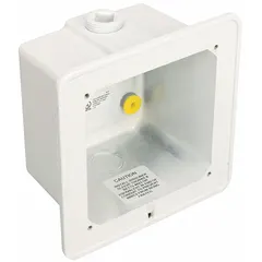 This white surface-mount enclosure is designed for housing fire alarm system components. It provides a secure mounting location for compatible devices in commercial and industrial settings. The box measures 3-1/2 inches deep and 6 inches high.