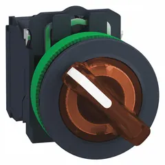 30 mm panel-mount illuminated selector switch with a short-handled knob and non-metallic bezel. Features maintained/maintained action with two positions (Off/On) and 1NO/1NC contact configuration. AC contact rating 3 A at 240 V, DC contact rating 0.1 A at 600 V. Suitable for manual on/off control in industrial control panels and machinery.
