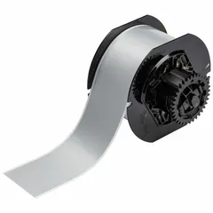 Continuous label roll for thermal transfer printing. Constructed of metalized polyester with a silver gloss finish, rated for outdoor use. Measures 2 inches wide by 100 feet long. Compatible with the i5300 printer series. Used for industrial labeling such as asset tags, pipe markers, and safety signs.