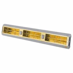 This SOLAIRA infrared heater delivers 6000 W of radiant heat at 277V AC, single phase, with a 45° beam pattern. It uses a quartz lamp element and is housed in a gray aluminum body measuring 46 x 10 x 6 inches. Hardwired connection required. Suitable for spot heating in commercial and industrial spaces such as warehouses, loading docks, and covered patios.