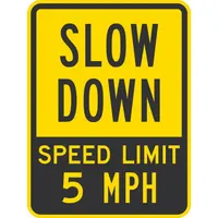 This aluminum sign displays a speed limit of 5 mph. It measures 18 in x 24 in with a thickness of 0.080 in and is non-reflective, suitable for indoor or low-light areas where retroreflection is not required. Commonly used in parking lots, warehouses, and industrial facilities to indicate maximum speed