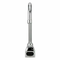 Brass construction with chrome finish. Battery-powered, aerated flow. Includes 8-inch cover plate. NPSM connection. Suitable for touch-free handwashing in commercial restrooms and public spaces.