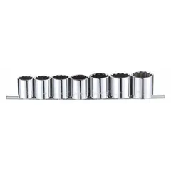 This 7-piece socket set includes 12-point SAE sockets with a 1/2 in drive, ranging from 1-3/8 in to 1 in. Designed for tightening and loosening fasteners in automotive repair, industrial maintenance, and general mechanical work. The set is tether ready for safety and does not include socket bits.