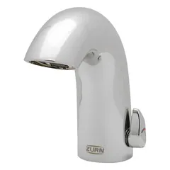 Brass construction with chrome finish. Battery-powered sensor faucet with aerated stream and in-line filter. NPSM connection. Suitable for commercial restroom applications requiring touch-free operation.
