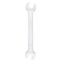 This double-end open end wrench is made of alloy steel with a satin finish. It features 20 mm and 22 mm head sizes and a 10-inch overall length. Suitable for tightening or loosening metric nuts and bolts in applications where access is limited.