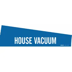 Blue adhesive pipe marker with white legend reading 'House Vacuum'. Fits pipe outer diameters from 2-1/2 to 7-7/8 inches. Pack of 5 includes one marker per pack, without arrows. Used to identify house vacuum lines in piping systems.