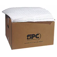 Polypropylene sorbent pad designed for absorbing industrial spills and leaks. Each pad absorbs 33 1/4 oz of oils, coolants, and water-based fluids. Suitable for maintenance, manufacturing, and facility environments. Supplied in a 100-pack