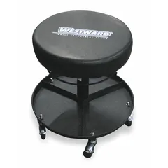This adjustable creeper seat features a steel frame with a standard-duty rating and a maximum load capacity of 250 lb. The seat height adjusts from 17-5/16 in to 21-5/16 in, and overall dimensions are 21-7/16 in x 15 in x 15 in. Suitable for seated work at low heights during vehicle or equipment maintenance.