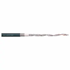 This continuous flexing data cable features 20 AWG, 4 conductors, copper conductors, shielded twisted pair construction, and a PUR jacket rated 300 V. It is designed for use in cable carriers and automated machinery where repeated bending occurs. The cable is oil and grease resistant, with minimum bend radii of 5 x OD, 8 x OD, and 10 x OD. Outer jacket meets CF27.07.05.02.01.D ISO Class 1.