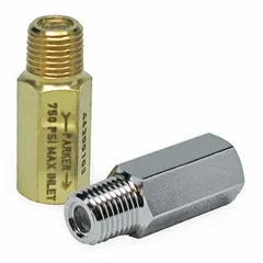 This non-code pressure relief valve from Parker is designed for air, inert gas, and liquid systems. It features 1/4 in MNPT x 1/4 in FNPT connections, a 316 stainless steel body, and operates from -30°F to 400°F. Suitable for overpressure protection in pneumatic controls, instrumentation, and industrial fluid handling applications where code compliance is not required.