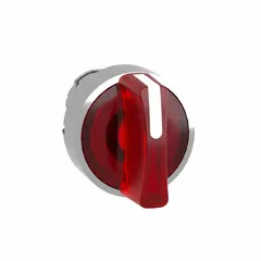 This illuminated selector-switch operator from the SCHNEIDER Series XB4 line features a metallic bezel and three positions with momentary/maintained/maintained action. It is designed for 22 mm panel mount installations in industrial control panels, enabling mode or function selection. No cam is included.