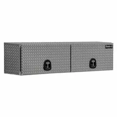 Double flip-up door topside box with T-handle compression lid and keyed lock. Silver finish. Designed for secure, weather-resistant storage of tools and equipment in pickup truck beds.