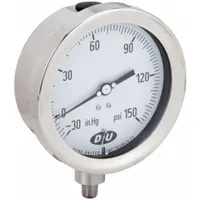 This gauge features a 4 1/2 in white dial with a black pointer, a 1/4 in NPT male bottom connection, and a pressure range of 0 psi to 150 psi with ±0.5% accuracy. The all-stainless steel case and wetted parts provide corrosion resistance for use in industrial process control, hydraulic systems, and pneumatic applications