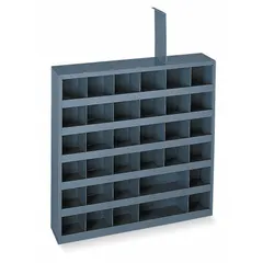 This wall-mount shelving unit features 36 steel compartments with lipped edges and adjustable widths. Constructed from gray steel, it measures 24 inches wide, 4 3/4 inches deep, and 24 inches high. Suitable for organizing small parts, mail, or tools in industrial workshops, warehouses, and offices.
