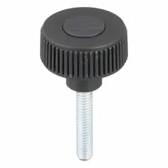Knurled knob with threaded stud for manual clamping, positioning, and adjustment on industrial machinery, jigs, and fixtures. Plastic body with steel thread insert provides a comfortable grip and secure fastening. 50 mm diameter, 3/8"-16 thread size, 40 mm thread length, gray color.