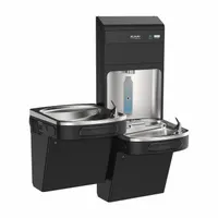 This on-wall two-level drinking fountain with bottle filler has a stainless steel housing with a black finish. It provides a chilling capacity of 8 gph at 50°F and features a touchless sensor for hands-free operation. The top panel access allows for convenient filter changes. Suitable for commercial settings requiring accessible hydration
