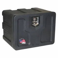 This single drop-down door box from BUYERS PRODUCTS is designed for underbody mounting on trucks. It features a black finish, 18-inch overall depth, and a keyed lock for secure storage of tools and equipment.