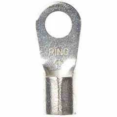 Non-insulated ring terminal rated for 1000 V, accepting 6 AWG wire and fitting a 1/4 in stud. Features a brazed barrel and seam for secure connections. Commonly used in power distribution, control panels, and heavy equipment wiring.