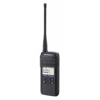 This MOTOROLA handheld two-way radio operates on the ISM band with 1 W output power and 50 channels. It features an alphanumeric display and VOX capability for hands-free operation. No FCC license is required. Typical applications include retail, hospitality, warehousing, and light industrial facilities