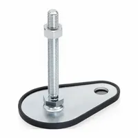 Male leveling mount with swiveling stud and teardrop base. TPE thrust pad provides non-skid support. Includes nut and mounting holes. Hex size 11/16 in. Load capacity 2,698 lbf. Used for leveling and stabilizing machinery, conveyors, and industrial equipment