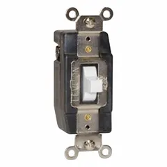 This LEVITON toggle wall switch is a single-pole/double-throw momentary type rated for 24V AC/DC and 3 A. The white, non-illuminated switch returns to the off position when released. Suitable for low-voltage control applications such as signaling, pilot devices, or relay activation.