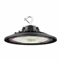 Round LED bay light delivering 33,600 lumens at 5000K color temperature. Operates on 120 to 277V AC and is designed for mounting heights of 18 ft to 22 ft. Suitable for high-bay applications such as warehouses, factories, and gymnasiums