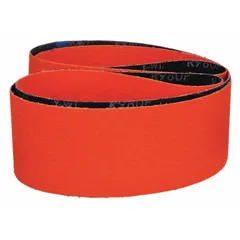 Ceramic abrasive belt for all metals, featuring a Y weight polyester backing. Designed for cool cutting to reduce heat buildup during grinding, deburring, and finishing operations. Pack of 50 belts, 1/4 in wide by 12 in long, 40 grit.