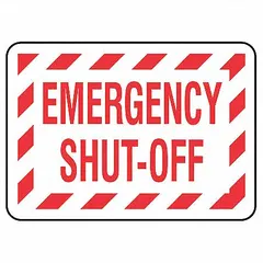 Vinyl emergency shut-off sign with adhesive mounting for quick placement on equipment or panels. Nominal size 3 1/2 x 5 inches. Non-retroreflective, non-glow-in-the-dark. Supplied in a pack of 25.