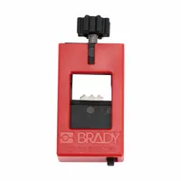 This clamp-on circuit breaker lockout is designed for single-pole circuit breaker types. It secures the breaker in the off position during maintenance to support lockout/tagout procedures. The device does not include a cable tie slot