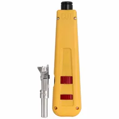 Manual punchdown tool for terminating and cutting wires on Krone-style telecom blocks. Features Terminate/Cut and Terminate Only modes, with a color-coded yellow cut side for easy identification. Includes a Krone blade for telecommunications cabling applications.