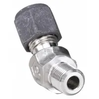 This PARKER single-ferrule stainless steel elbow connects 1/4 in OD tubing to a 1/8 in male NPT port. Part of the CPI™ series, it is used in instrumentation, hydraulic, and pneumatic systems requiring leak-free sealing and corrosion resistance