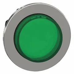 Metallic illuminated extended-length push-button operator from the XB4 series. Maintained action with green actuator. Suitable for industrial control panel applications requiring robust switching, such as machinery start/stop or mode selection.