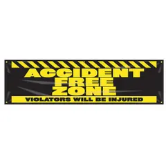 Poly sheeting banner printed on one side with a warning message for accident-free zones. Measures 28 in x 96 in nominal sign size. Suitable for indoor and outdoor use in industrial environments to reinforce safety protocols. Does not include wind slits.