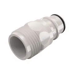Polysulfone quick-disconnect coupler with GHT thread for 3/4 in pipe size. Used in fluid transfer systems requiring frequent connection and disconnection, such as water treatment, chemical processing, and food handling applications.