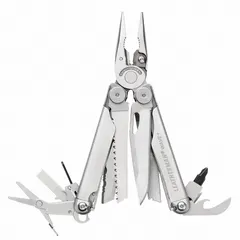 This full-size multi-tool features fold-out regular and needle nose pliers, along with 18 tools including a 420HC serrated knife. With a closed length of 4 inches and a silver finish, it is suited for field repairs, camping, emergency situations, and everyday carry tasks.
