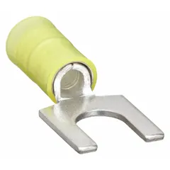 Insulated fork terminal from the CT Series with yellow nylon insulation grip barrel. Accommodates 12 AWG to 10 AWG wire and fits 1/4 in studs. Rated for 600 V applications. Standard fork configuration allows quick connect and disconnect without fully removing the stud nut.