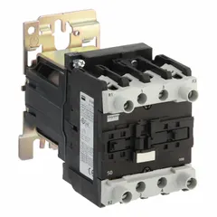 This non-reversing IEC contactor features 4 poles with 2 normally open and 2 normally closed contacts, rated for 50 A. The 24V DC coil enables switching in motor control and automation systems. It is suitable for controlling motors, lighting, and heating loads in industrial applications.