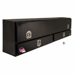 Single flip-up door topside box with drawers for organized storage of tools and equipment on a pickup truck. Features a T-handle and keyed lock for security. Overall width 72 inches, black finish.