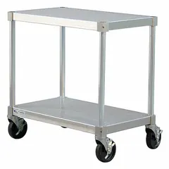 This mobile worktable features a 36 x 18 in aluminum top with a welded frame, fixed height, and polyolefin casters including one swivel caster with threaded stem. NSF Certified and corrosion resistant, it supports a maximum shelf load of 400 lb. Suitable for food service environments such as commercial kitchens and cafeterias. Ships unassembled with hex key included.