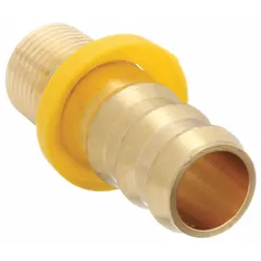 This brass push-on hose fitting connects hose to NPT-threaded ports in air, water, and chemical lines. It features a 3/4 in hose barb x 1/2 in NPT male x male rigid straight configuration for secure, leak-resistant joints in industrial fluid-handling systems.