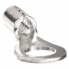 Non-insulated ring terminal for #10 stud size, accepting 12 AWG to 10 AWG wire. Rated 600 V with butted barrel and seam construction. Used for terminating wires in electrical panels, power distribution, and equipment connections.