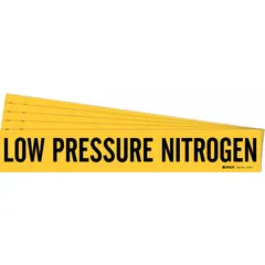 Yellow adhesive pipe marker with black legend text reading 'Low Pressure Nitrogen'. Fits pipe outer diameters from 2-1/2 to 7-7/8 inches. Supplied without directional arrows. Used for identifying low pressure nitrogen piping systems in industrial facilities.