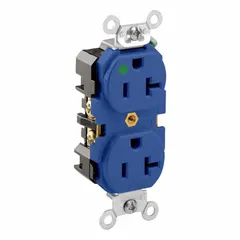 This LEVITON duplex receptacle is rated 125V AC and 20A with a 5-20R configuration, 2 pole / 3 wire design. The blue housing is typical for identifying isolated ground or dedicated circuits in healthcare and other specialized environments. Suitable for general purpose power delivery in commercial and institutional settings requiring hospital-grade grounding integrity.