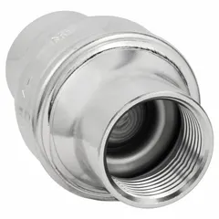 This BONOMI inline disc check valve features a 316 stainless steel body with 3/4 inch FNPT x FNPT connections. It is designed to prevent backflow in piping systems, commonly used in industrial water, chemical, and process lines to protect pumps and equipment from reverse flow damage.
