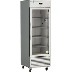 General purpose upright lab refrigerator with 25 cu ft capacity, maintaining 3°C to 8°C. Features a glass door for visual inspection, right-opening style, and temperature alarm. Uses R-290 refrigerant. Gray/silver finish, overall depth 33 5/8 in. Suitable for storing reagents, media, and biological samples in laboratory environments.
